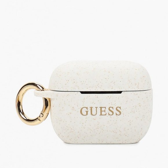 GUESS White Gold Glitter AirPod PRO Keychain Ring Silicone Case - Picture 2 of 6